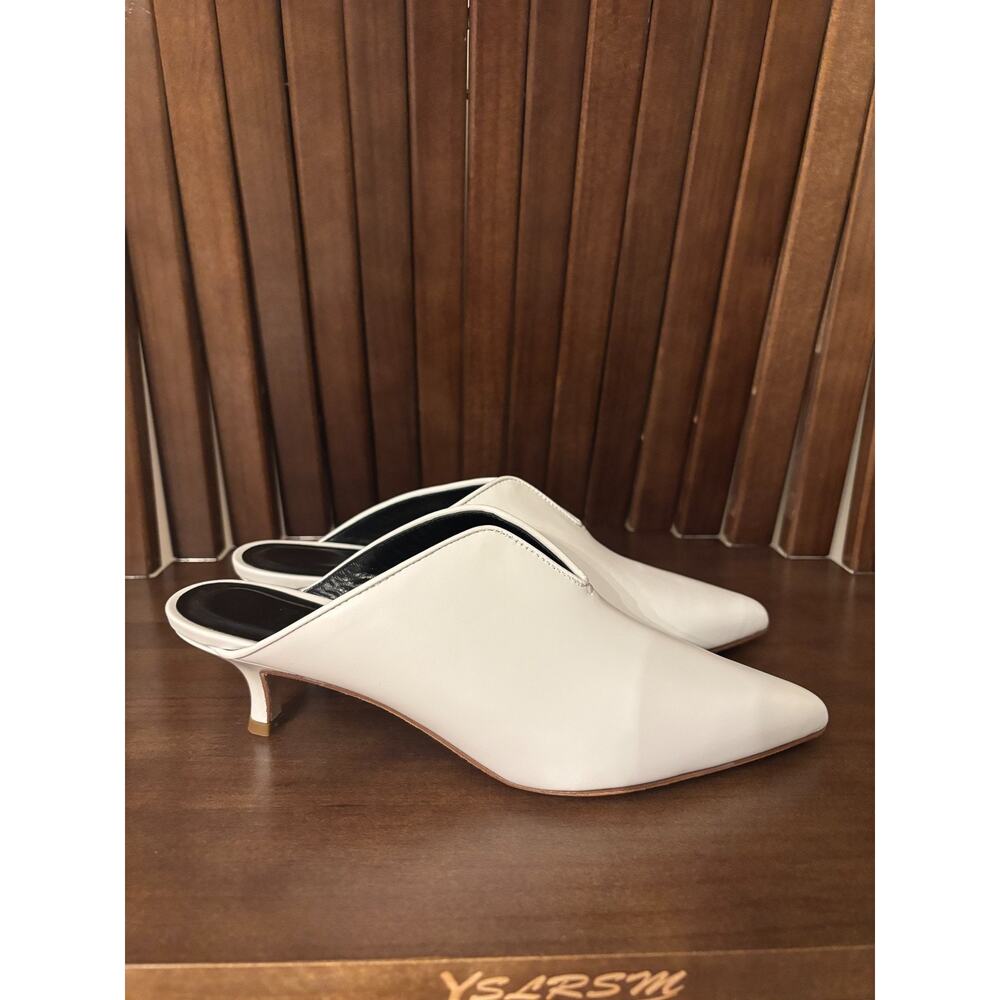 Tibi White Leather Pointed Toe Kitten Heel Mules Slides Size EU 38 US 7.5 8 NWOB